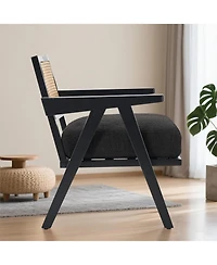 gaomon Mid-Century Farmhouse - Wood Armchair with Rattan Backrest and Linen Cushion for Living Room, Bedroom