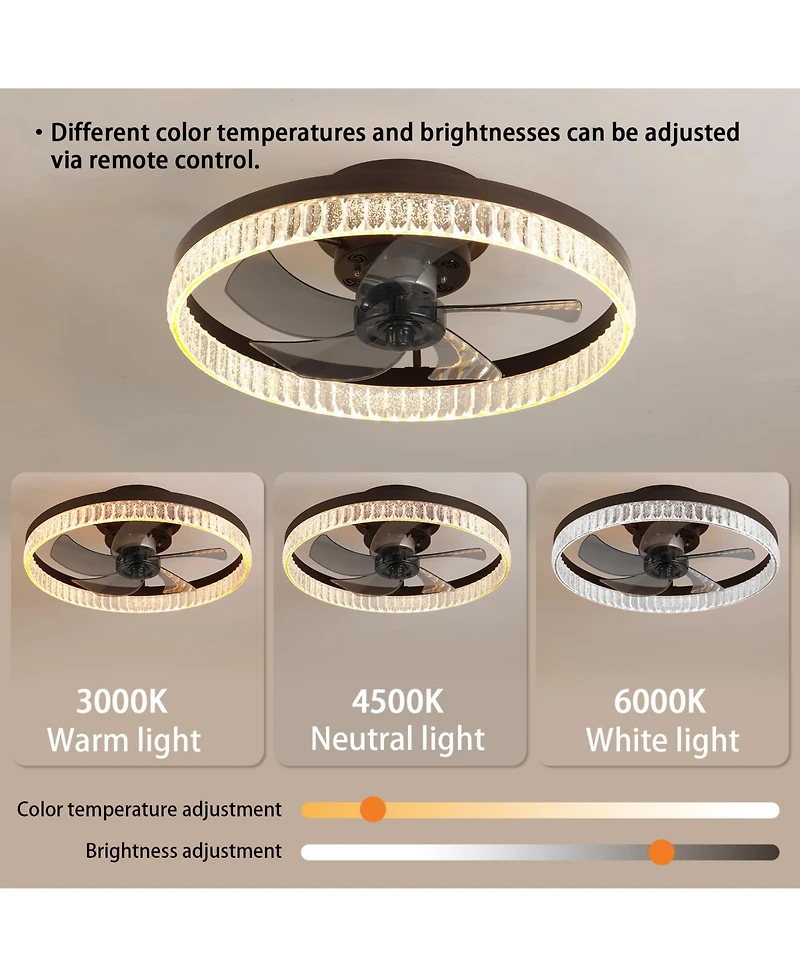 Clihome 20 inch Ceiling Fan with Led Light, Modern Flush Mount Fan Light with Crystal Ring Design