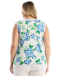 Rafaella Plus Pom Floral Print Button Front Sleeveless Tank Top