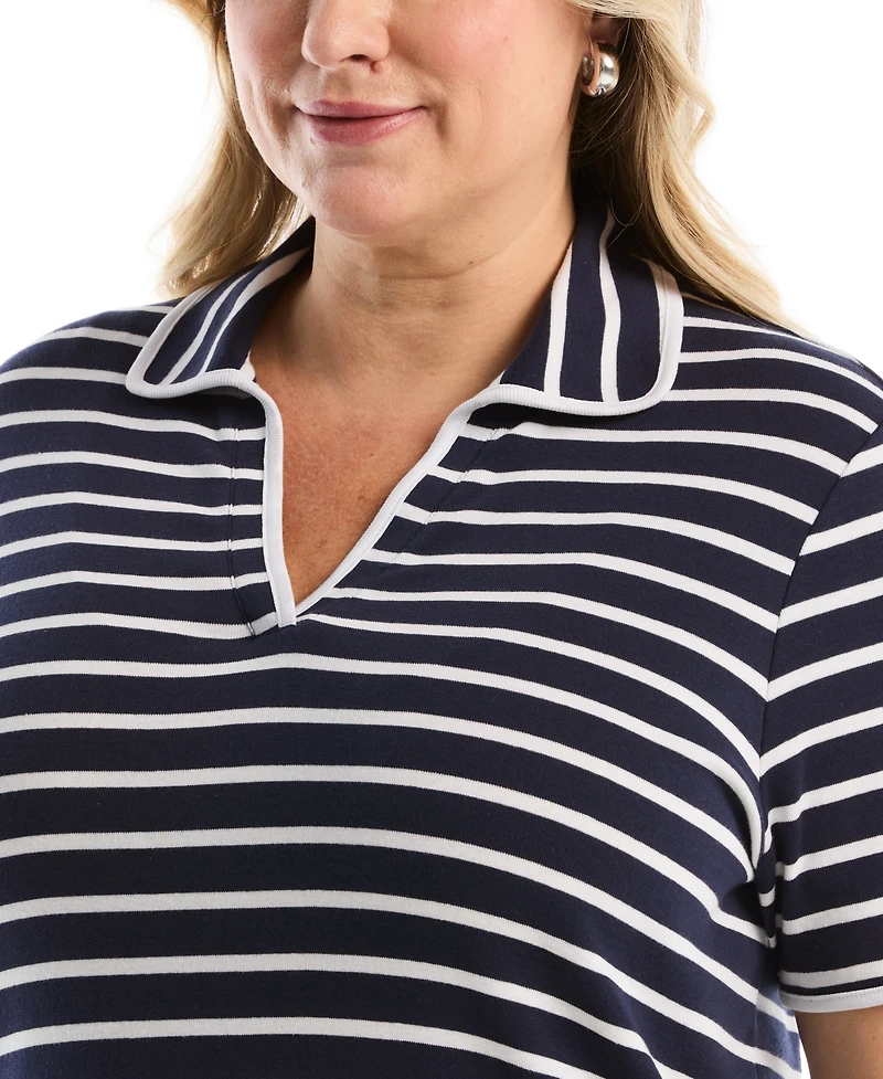 Rafaella Plus Striped Contrast Trim Johnny Collar Short Sleeve Polo Shirt