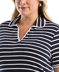 Rafaella Plus Striped Contrast Trim Johnny Collar Short Sleeve Polo Shirt