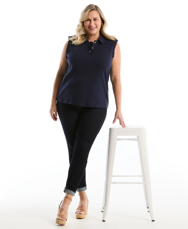 Rafaella Plus Ruffle Trim Sleeveless Polo Shirt