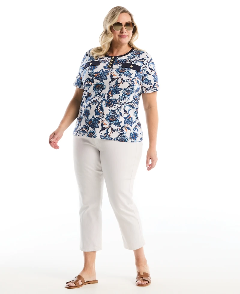 Rafaella Plus Botanical Welt Pocket Button Detail Short Sleeve Top