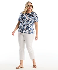 Rafaella Plus Botanical Welt Pocket Button Detail Short Sleeve Top