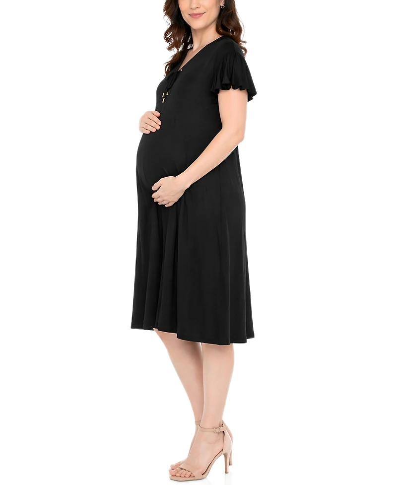 White Mark Women's Flutter-Sleeve Tie-Neck Maternity Dress