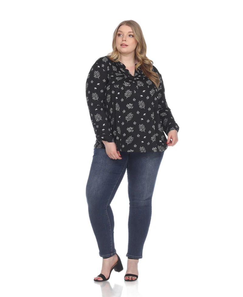 White Mark Plus Printed Long-Sleeve Button-Front Top