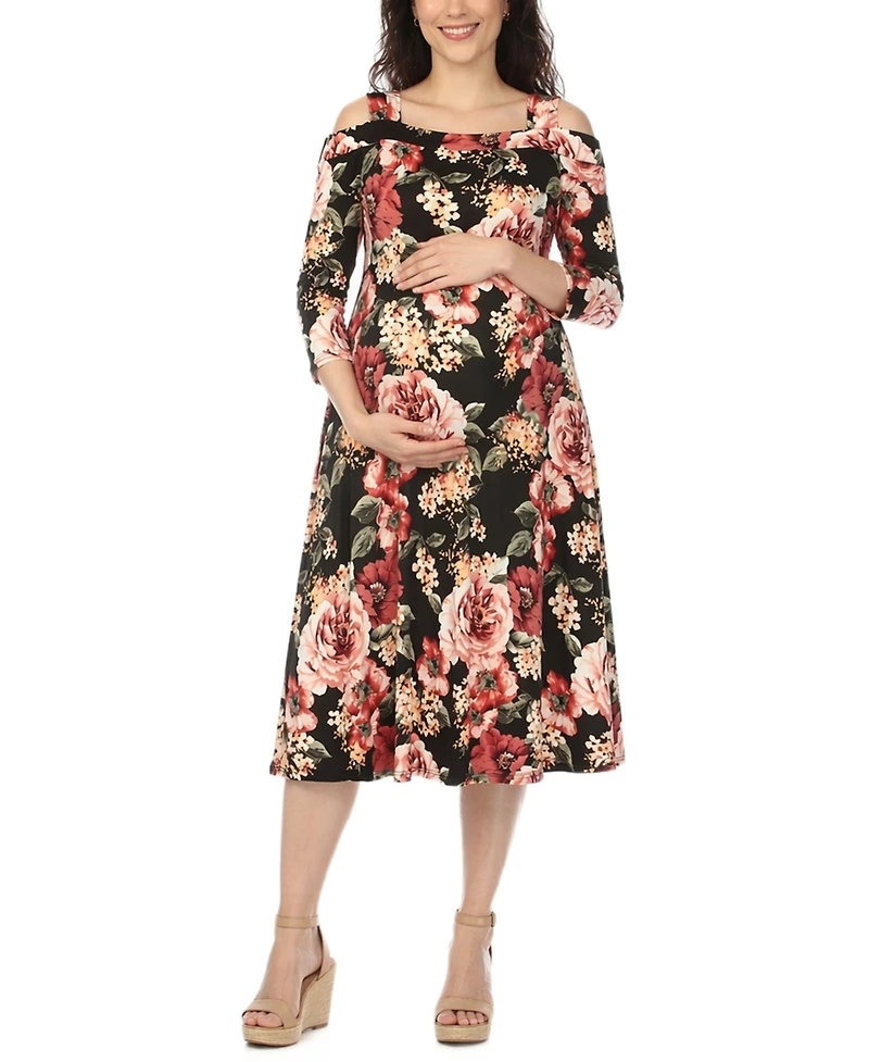 White Mark Women's Cold Shoulder Floral Print Maternity Dress