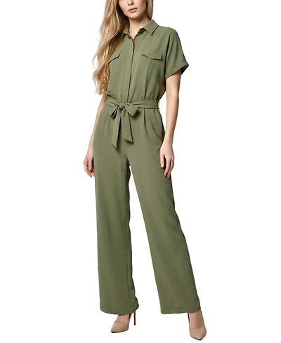Ny Collection Petite Short Sleeve Belted Jumpsuit