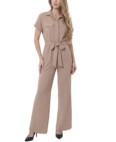 Ny Collection Petite Short Sleeve Belted Jumpsuit