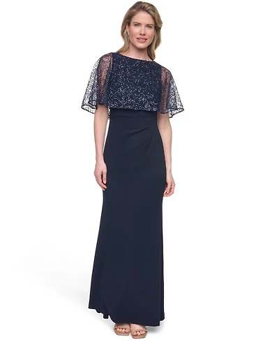 Jessica Howard Petite Capelet Boat Neck Sequin Detail Gown