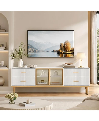 homfan Contemporary Fluted Tv Stand with Adjustable Led Lighting, Drawers and Open Shelves, Reinforced Engineered Wood Metal Legs