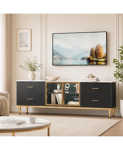 homfan Contemporary Fluted Tv Stand with Adjustable Led Lighting, Drawers and Open Shelves, Reinforced Engineered Wood Metal Legs