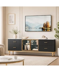 homfan Contemporary Fluted Tv Stand with Adjustable Led Lighting, Drawers and Open Shelves, Reinforced Engineered Wood Metal Legs