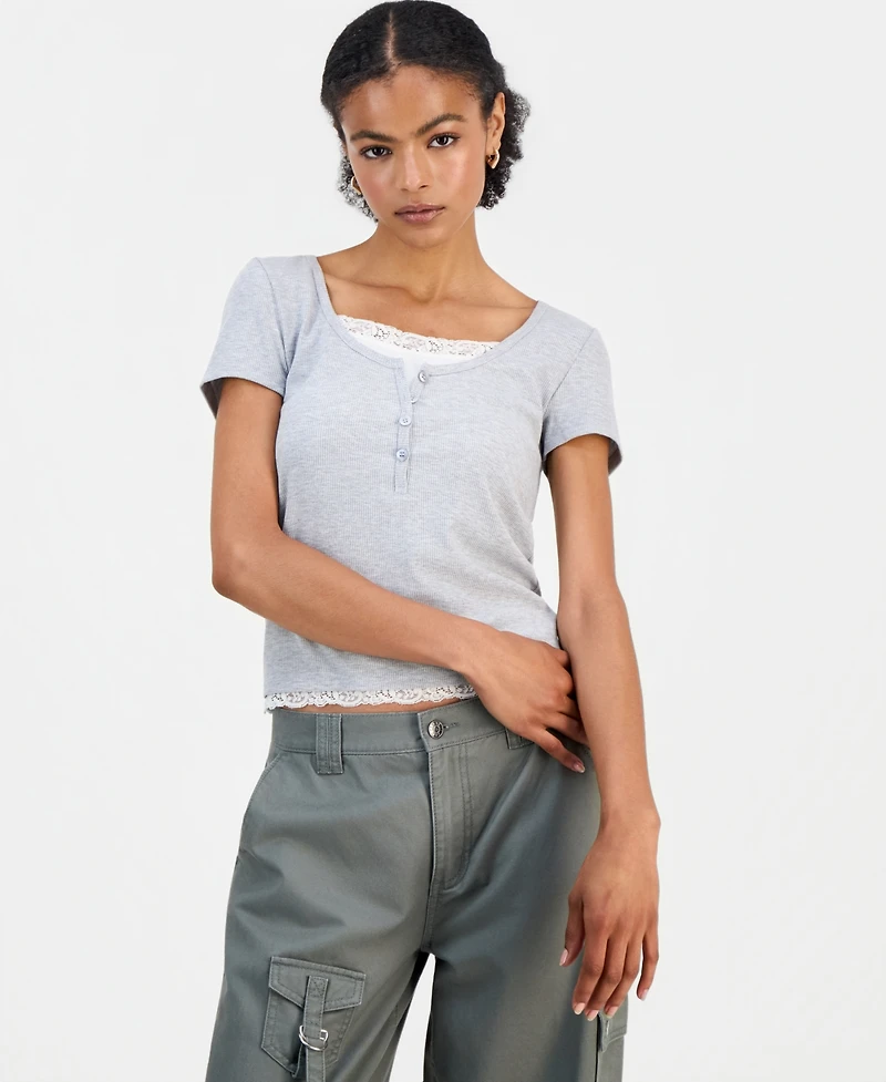 Hippie Rose Juniors' Layered-Look Short-Sleeve Henley