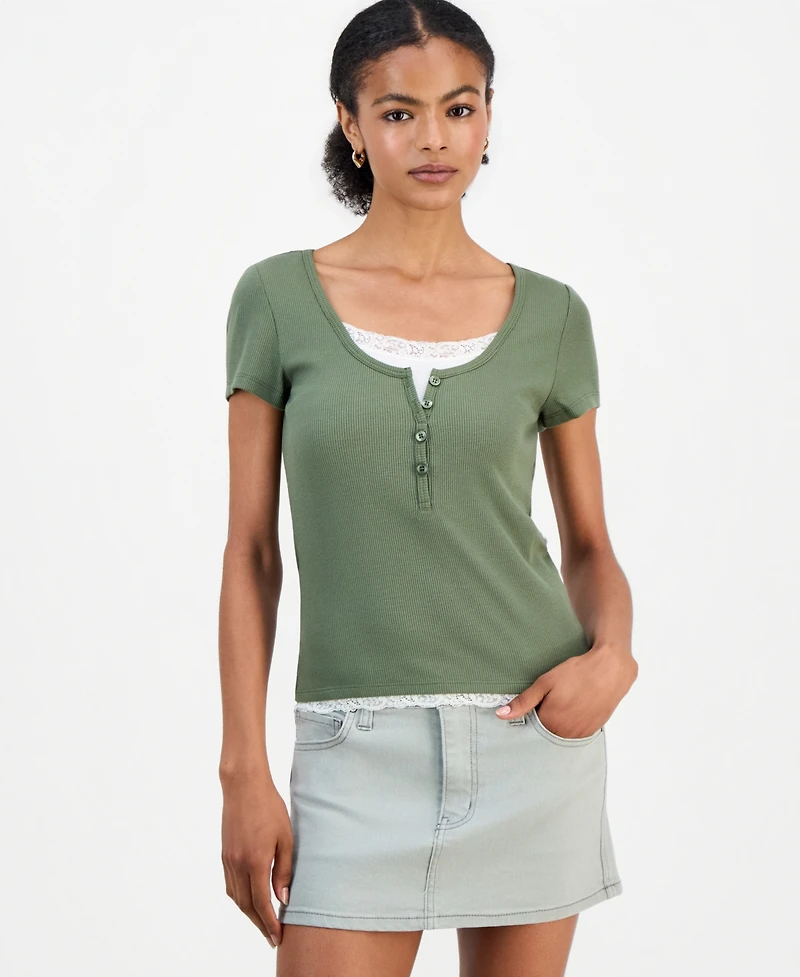 Hippie Rose Juniors' Layered-Look Short-Sleeve Henley