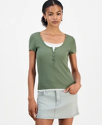 Hippie Rose Juniors' Layered-Look Short-Sleeve Henley