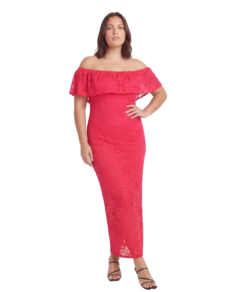 24seven Comfort Apparel Plus Elevate Curvy Lace Off-the-Shoulder Side Slit Bodycon Maxi Dress