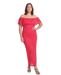 24seven Comfort Apparel Plus Elevate Curvy Lace Off-the-Shoulder Side Slit Bodycon Maxi Dress