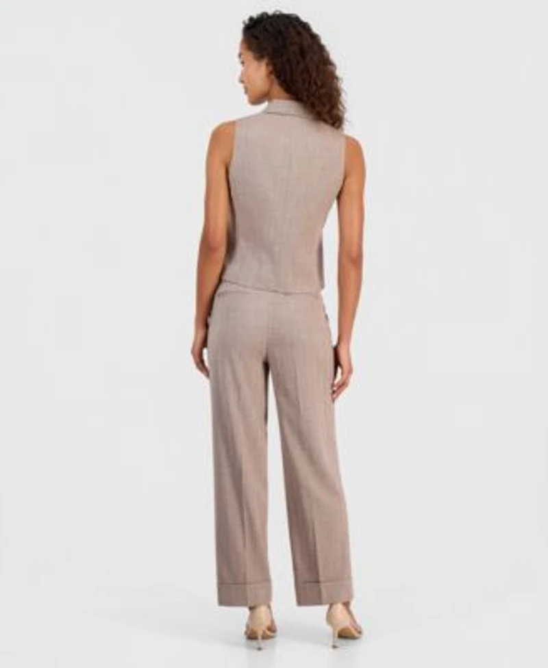 Anne Klein Womens Notched Collar Button Front Vest Cuffed Straight Leg Pants