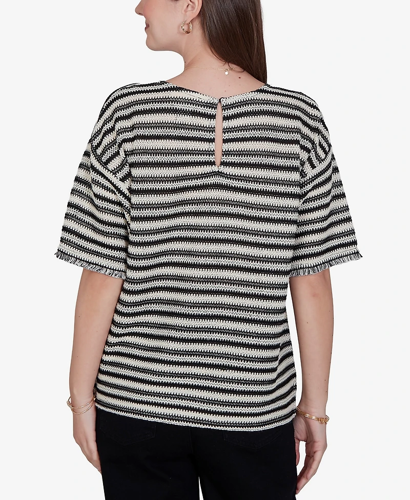Ruby Rd. Petite Textured Stripe Fringe Sleeve T-Shirt