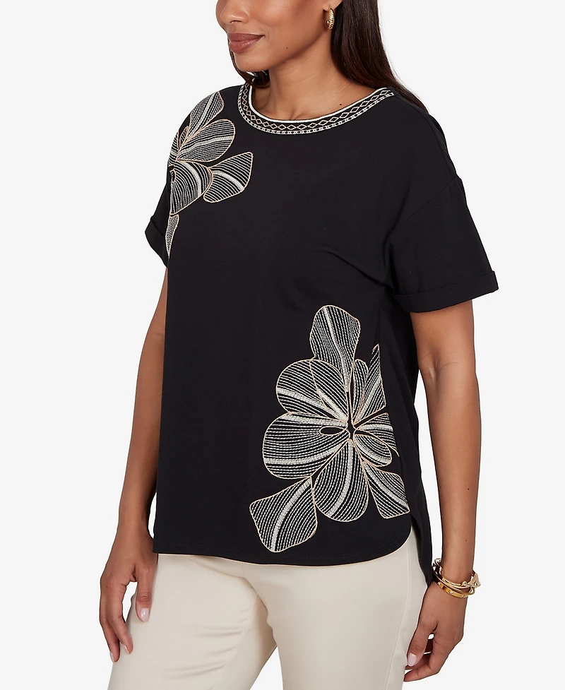 Ruby Rd. Petite Floral Noir Embroidered Knit Top