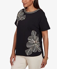 Ruby Rd. Petite Floral Noir Embroidered Knit Top