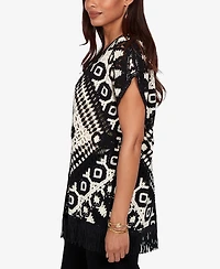 Ruby Rd. Petite Medallion Crochet Fringe Short-Sleeve Cardigan