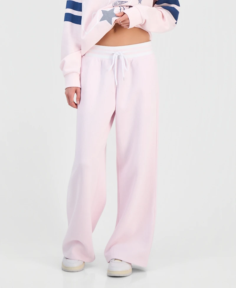Madden Girl Juniors' Wide Fleece Contrast-Waist Sweatpants