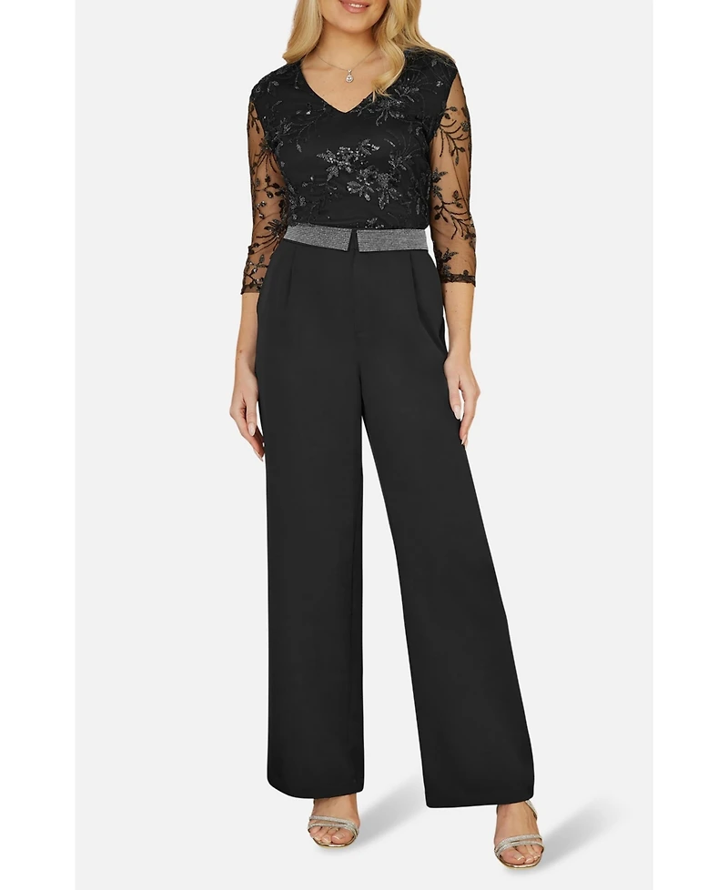 Yumi Women's Diamante Waistband Wide Leg Trousers