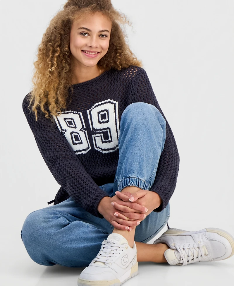 Hooked Up by Iot Juniors' Open-Stitch Varsity Sweater