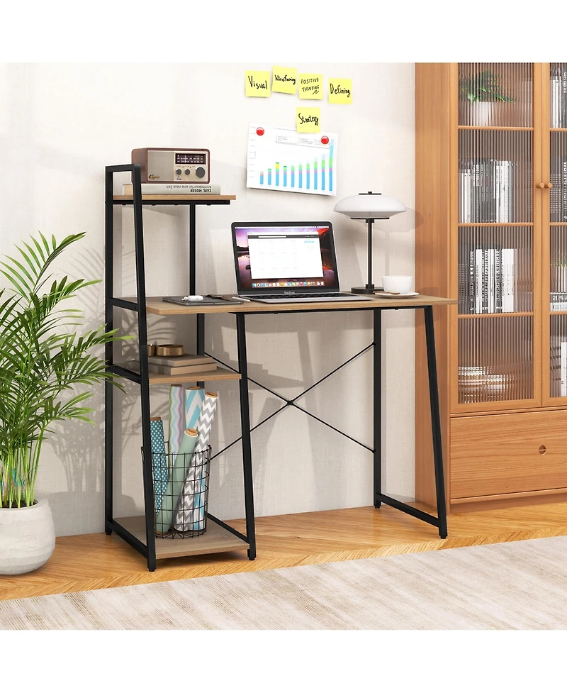 Gymax Home Office Desk Computer Desk w/ Bookshelf Host Stand Metal Frame Study Writing Desk