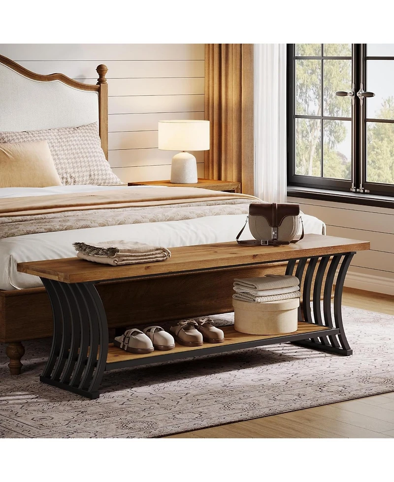 Tribesigns Industrial Entryway Bench with Metal Fram, Wood Indoor End of Bed Shoe Bench, 55" Long Storage Benches Seat