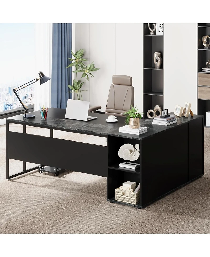 Tribesigns 71 inch Executive Desk, L Shaped Desk with Cabinet Storage, Office Shelves, Business Furniture Set Workstation