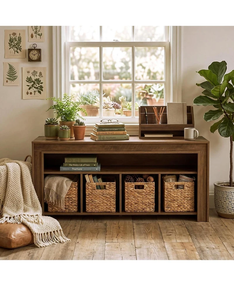 Tribesigns 63" Extra Long Bookcase with 4 Woven Baskets, Farmhouse Low Horizontal Bookshelf Storage Organizer, Long Wooden Cube Cabinet