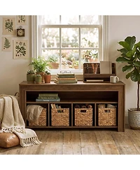 Tribesigns 63" Extra Long Bookcase with 4 Woven Baskets, Farmhouse Low Horizontal Bookshelf Storage Organizer, Long Wooden Cube Cabinet