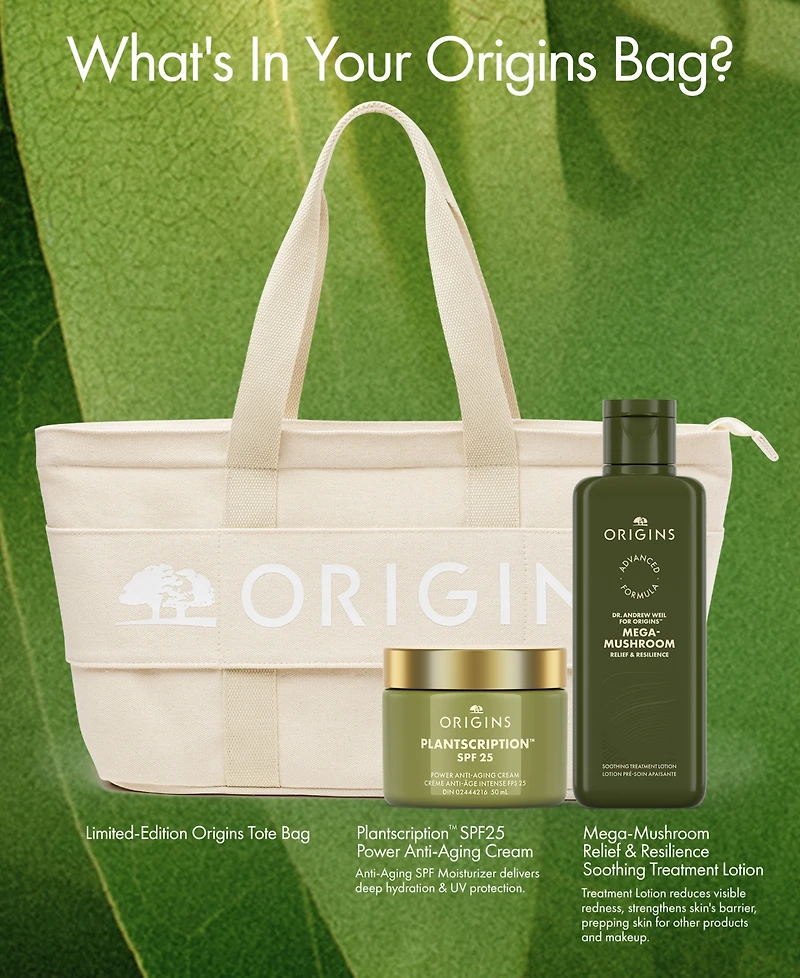 Free Full Size Plantscription Spf 25 Power Anti-Aging Cream 50 ml and Limited Edition Origins Travel Canvas Tote with $75 Origins purchase