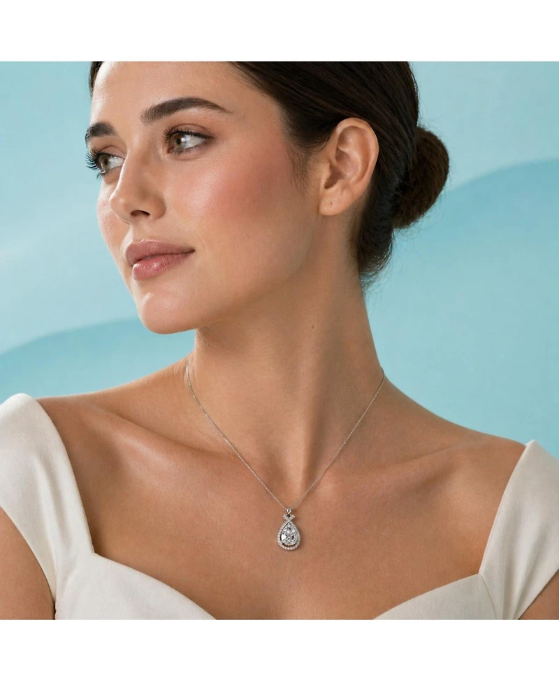 White Gold Plated with Cubic Zirconia Pear Rain Droplet Infinity Love Knot Pendant Necklace