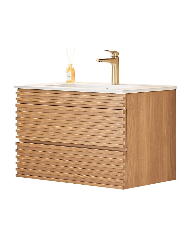 Sillysis Wall Mounted Floating Bathroom Vanity with Ceramic Sink, Fully Assembled Plywood Cabinet, 2 Drawers for Small Spaces