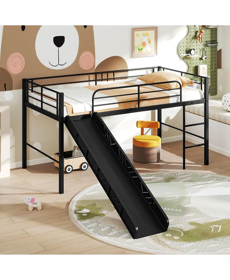Gymax Twin Metal Loft Bed with Slide Guardrails Built-in Ladder Low Bed Frame Silver