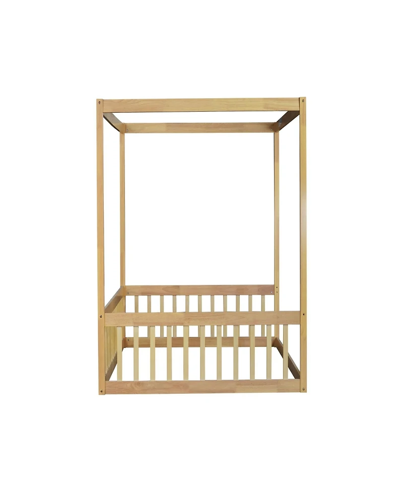 Clihome Full Canopy Frame Rubber Wood Floor Bed with Fence,Guardrails
