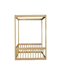 Clihome Full Canopy Frame Rubber Wood Floor Bed with Fence,Guardrails
