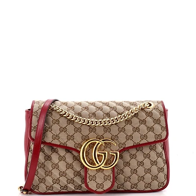 Pre-Owned Gucci Medium Gg Marmont Flap Bag Diagonal Quilted Gg Canvas with Leather