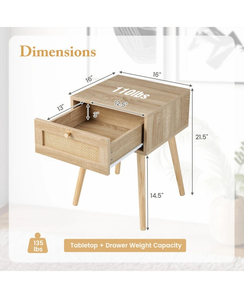 Gouun Set of 2 Modern Rattan Nightstands with Drawer and Solid Wood Legs