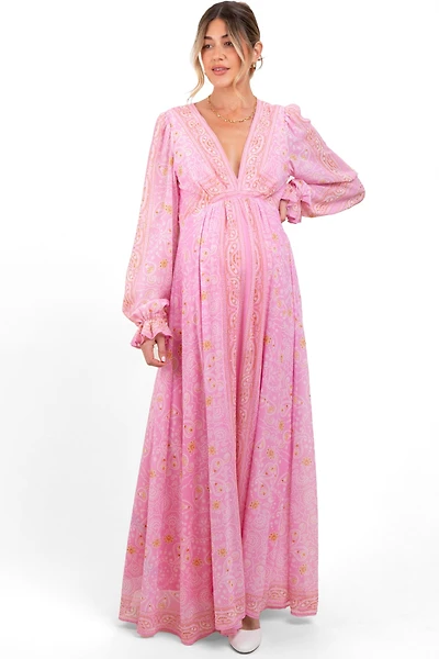 Pinkblush Maternity Pink Paisley Deep V-Neck Long Sleeve Maxi Dress