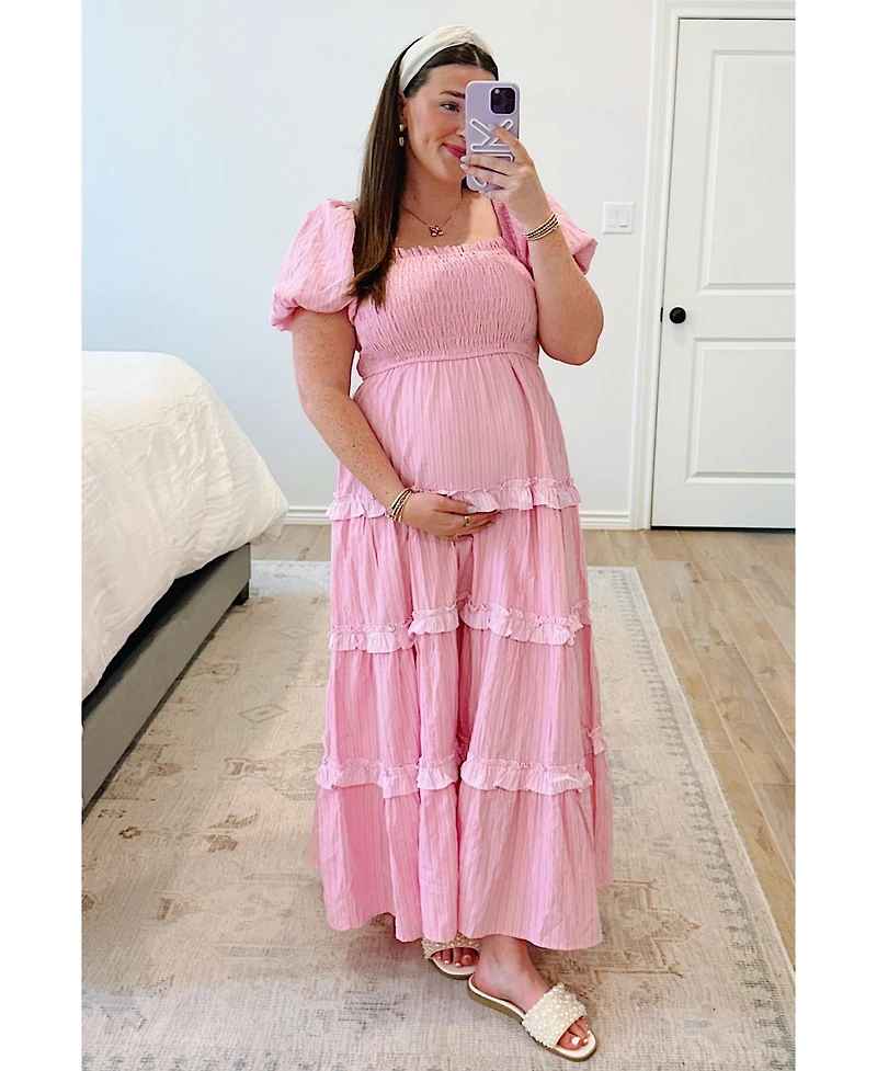 Pinkblush Maternity Pink Smocked Ruffle Tiered Puff Sleeve Maxi Dress
