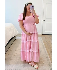 Pinkblush Maternity Pink Smocked Ruffle Tiered Puff Sleeve Maxi Dress