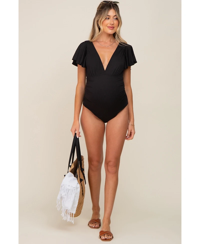 Pinkblush Maternity Plum Deep V-Neck Flounce One Piece Swimsuit