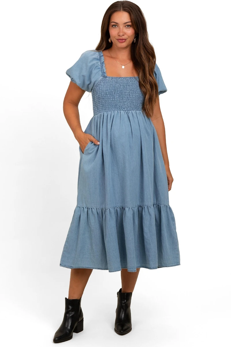 Pinkblush Maternity Light Blue Vintage Wash Chambray Smocked Midi Dress