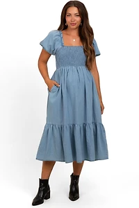 Pinkblush Maternity Light Blue Vintage Wash Chambray Smocked Midi Dress