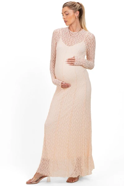 Pinkblush Maternity White Lace Mock Neck Long Sleeve Maxi Dress